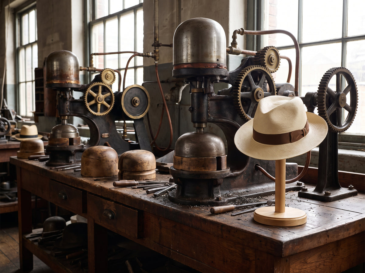 Master Hatter re-blocking, resizing, and hand-shaping a Montecristi Panama hat at Marchesi di Montecristi studio UK