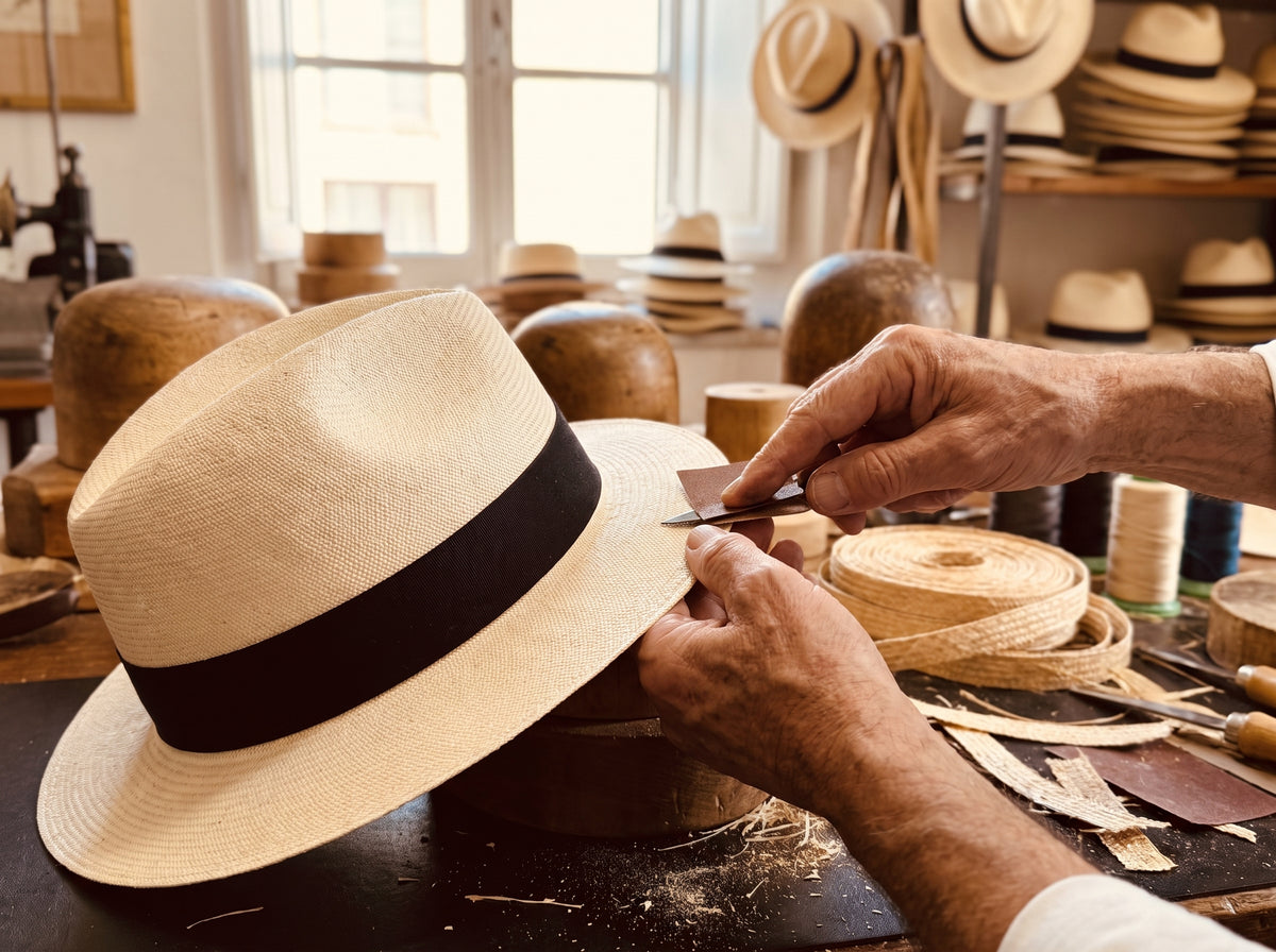 Custom bespoke Montecristi Panama hat designed online with choice of crown shape, weave grade, brim size, and personalised ribbon band by Marchesi di Montecristi UK